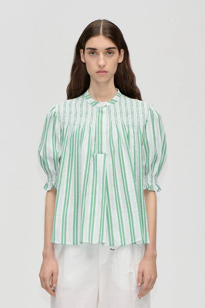 SG Green Smocked Stripe Dress + Blouse