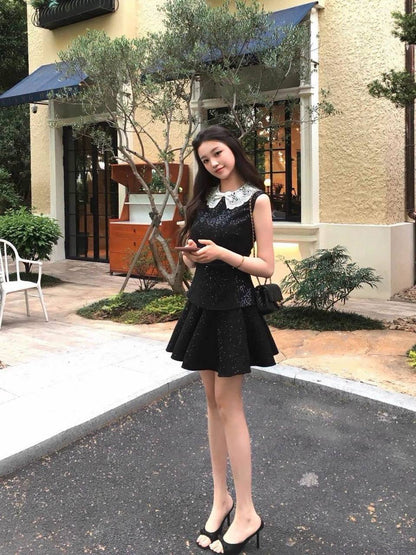 SP Black Sequin Dress with Lace Collar