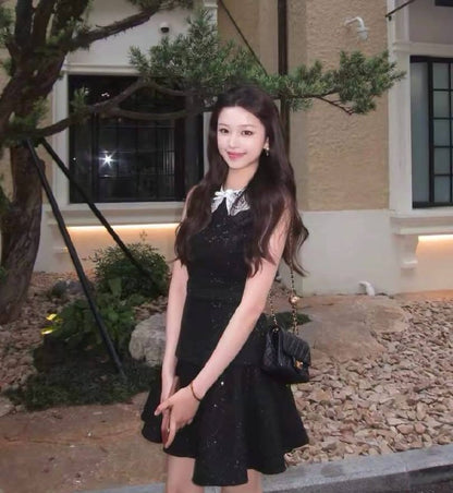 SP Black Sequin Dress with Lace Collar