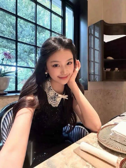 SP Black Sequin Dress with Lace Collar