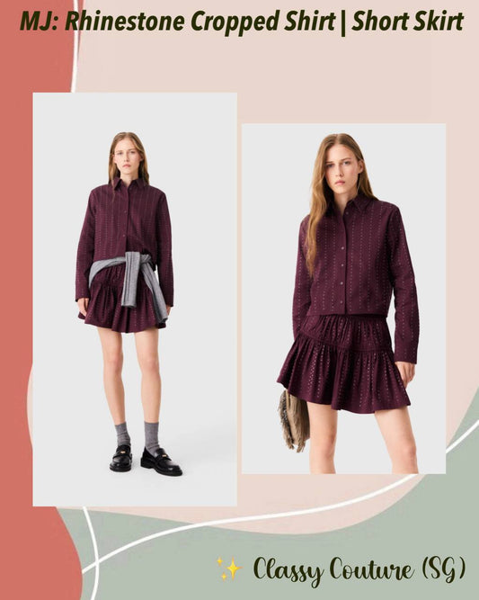 MJ Ceoloen Rhinestone Cropped Shirt | Joleon Short Mini Skirt | Stripe Burgundy Red Embellished Set