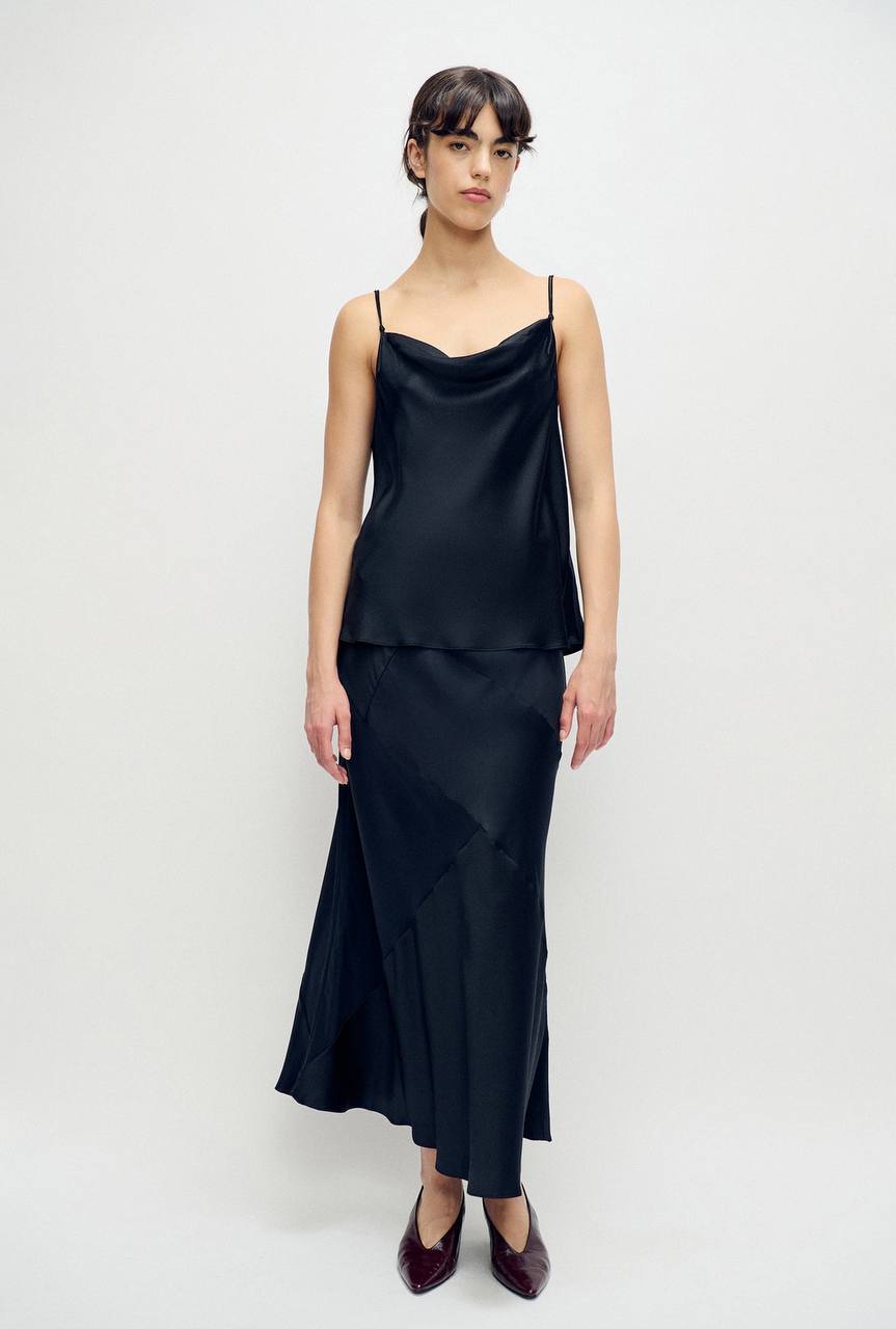 SL Drape Silk Satin Reversible Cami Top in Hammered Black & Micro Plaid