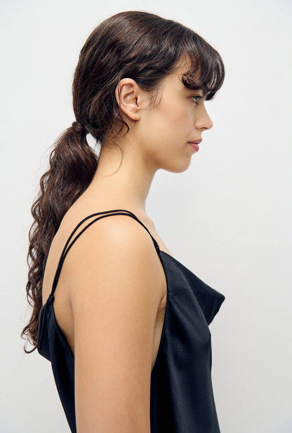 SL Drape Silk Satin Reversible Cami Top in Hammered Black & Micro Plaid