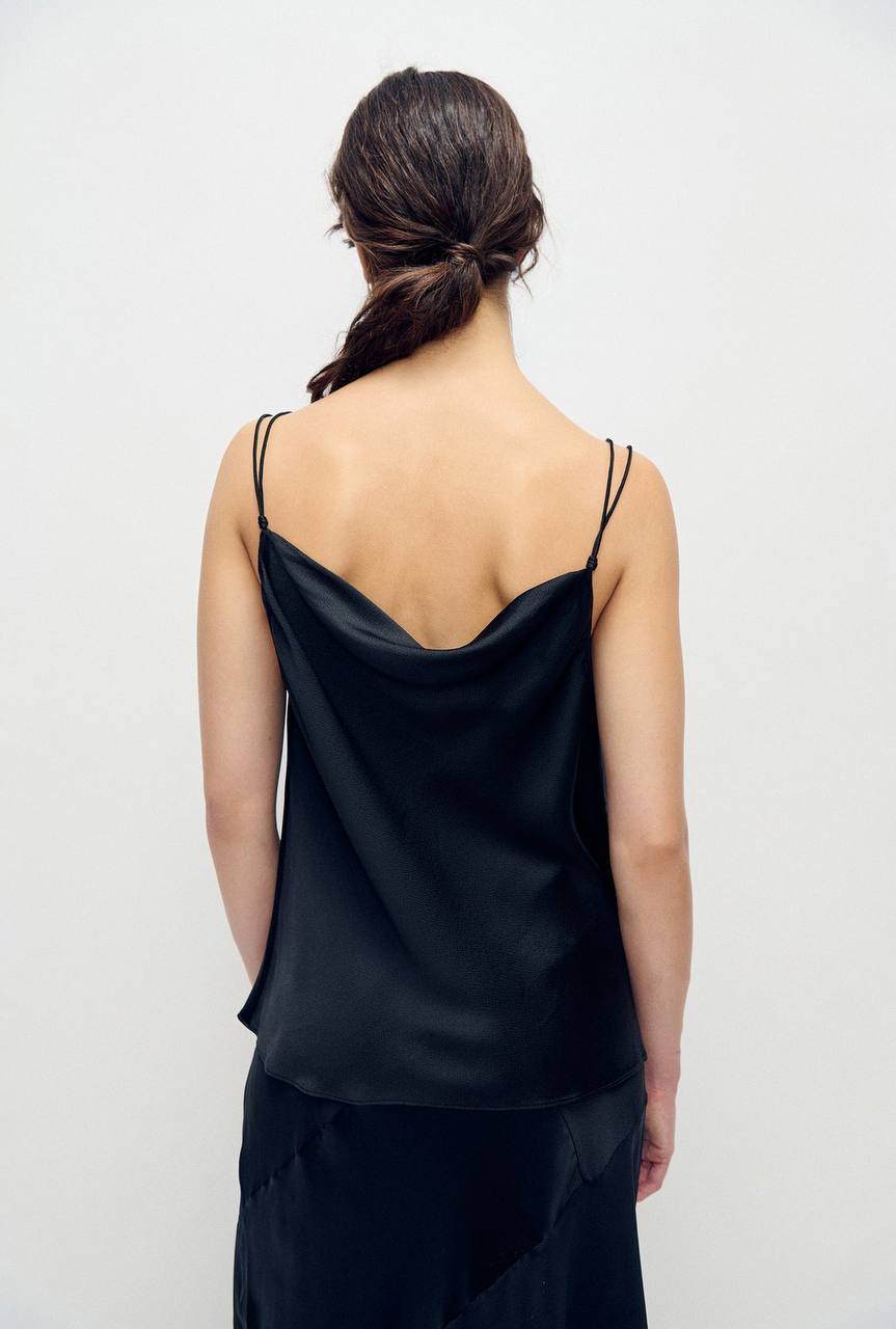 SL Drape Silk Satin Reversible Cami Top in Hammered Black & Micro Plaid