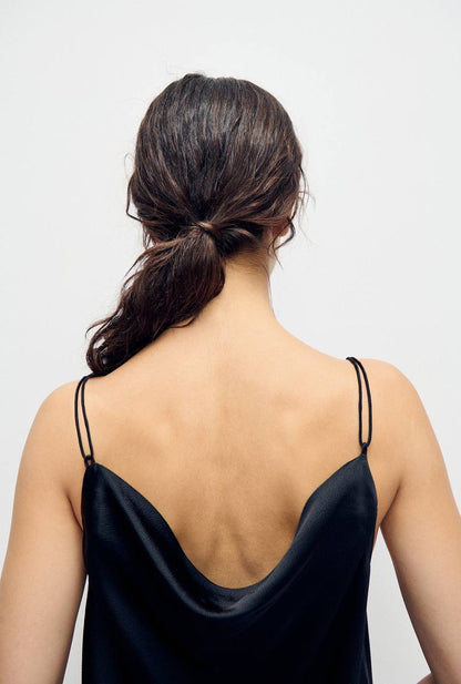 SL Drape Silk Satin Reversible Cami Top in Hammered Black & Micro Plaid