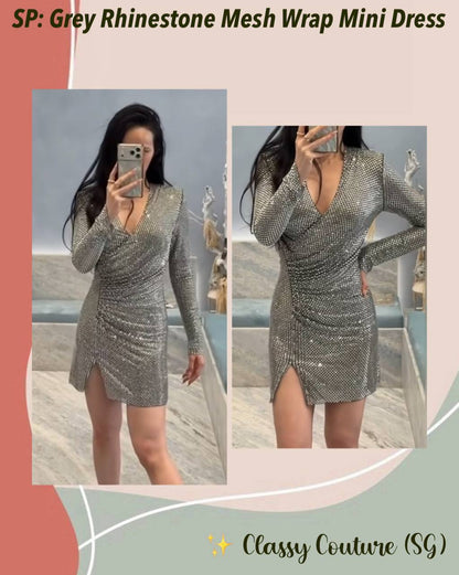 SP Grey Rhinestone Mesh Wrap Mini Dress