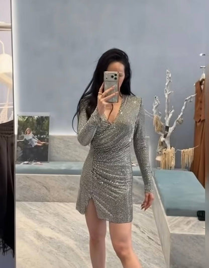 SP Grey Rhinestone Mesh Wrap Mini Dress