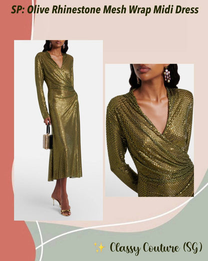 SP Olive Rhinestone Mesh Wrap Long Sleeve Midi Dress