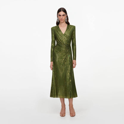SP Olive Rhinestone Mesh Wrap Long Sleeve Midi Dress