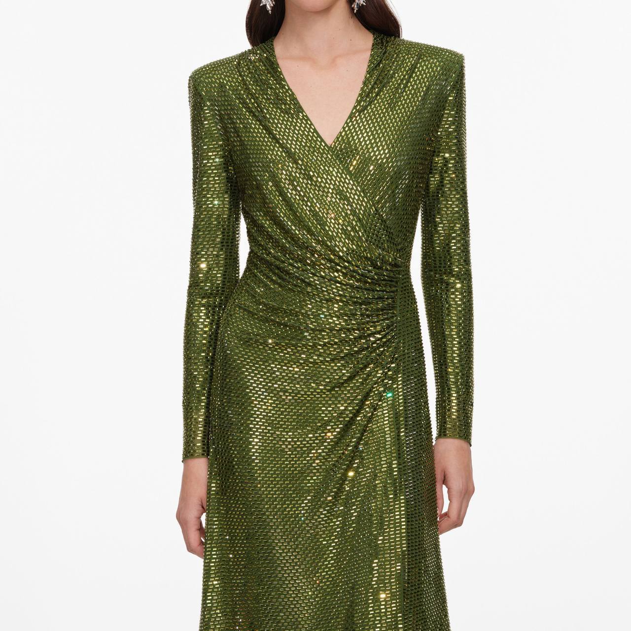 SP Olive Rhinestone Mesh Wrap Long Sleeve Midi Dress