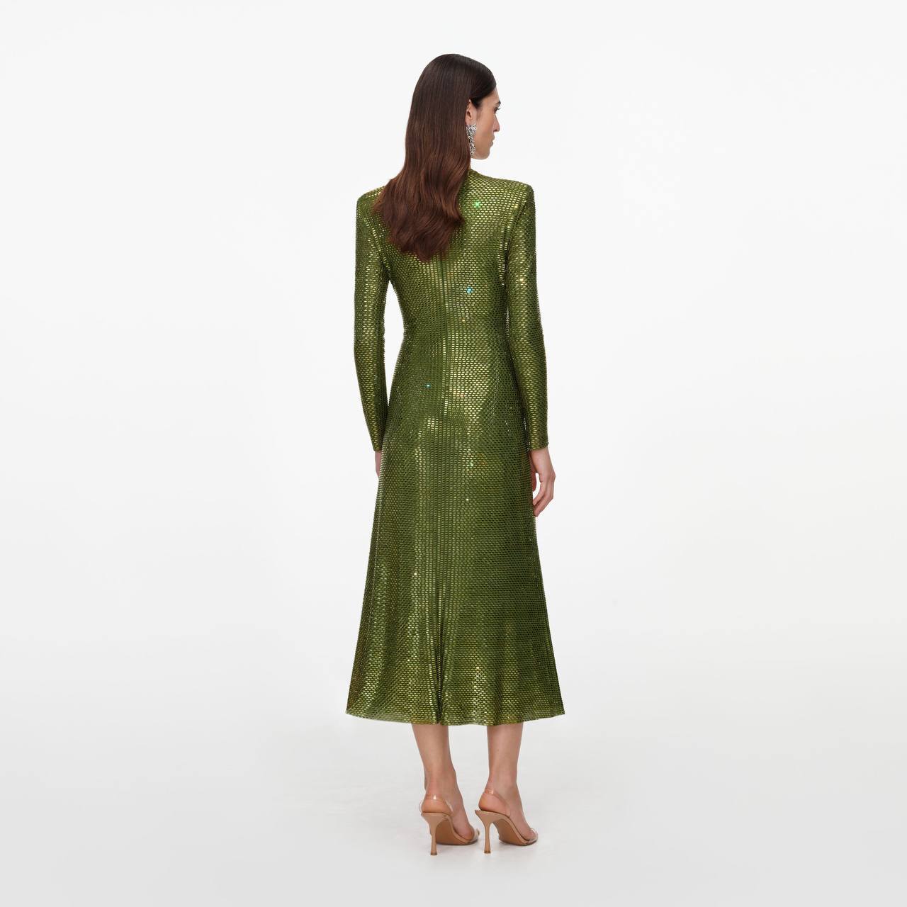 SP Olive Rhinestone Mesh Wrap Long Sleeve Midi Dress