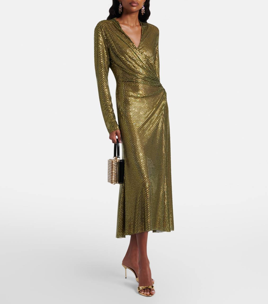 SP Olive Rhinestone Mesh Wrap Long Sleeve Midi Dress