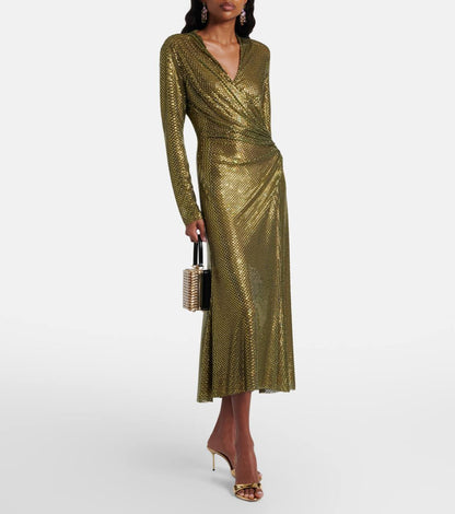 SP Olive Rhinestone Mesh Wrap Long Sleeve Midi Dress