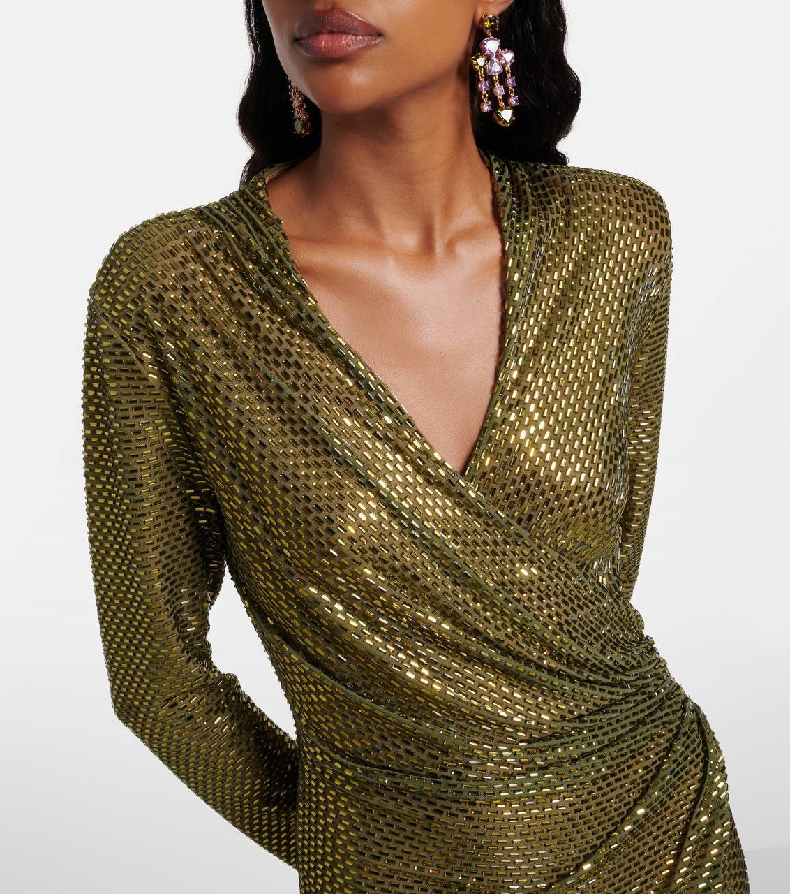 SP Olive Rhinestone Mesh Wrap Long Sleeve Midi Dress