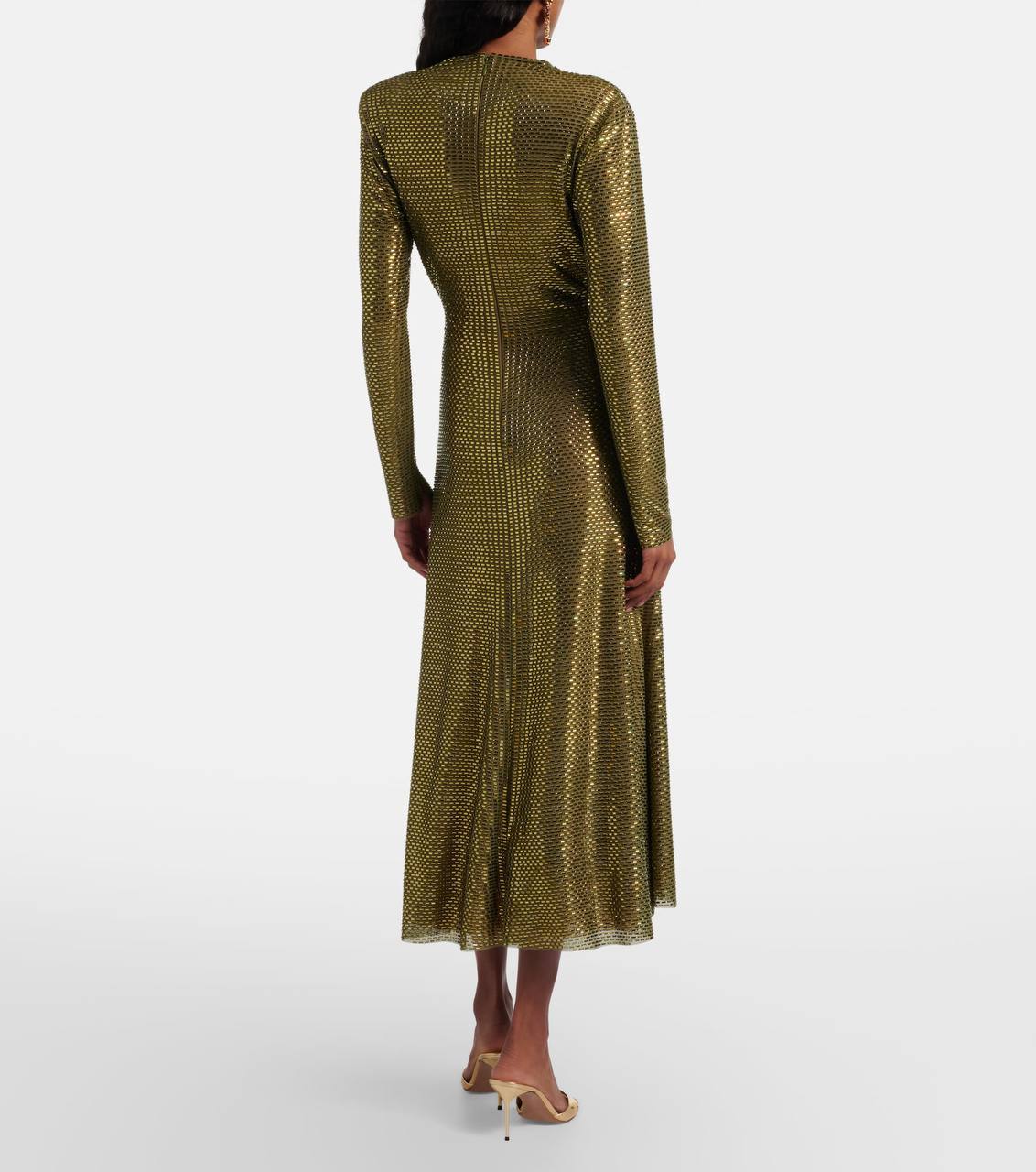 SP Olive Rhinestone Mesh Wrap Long Sleeve Midi Dress