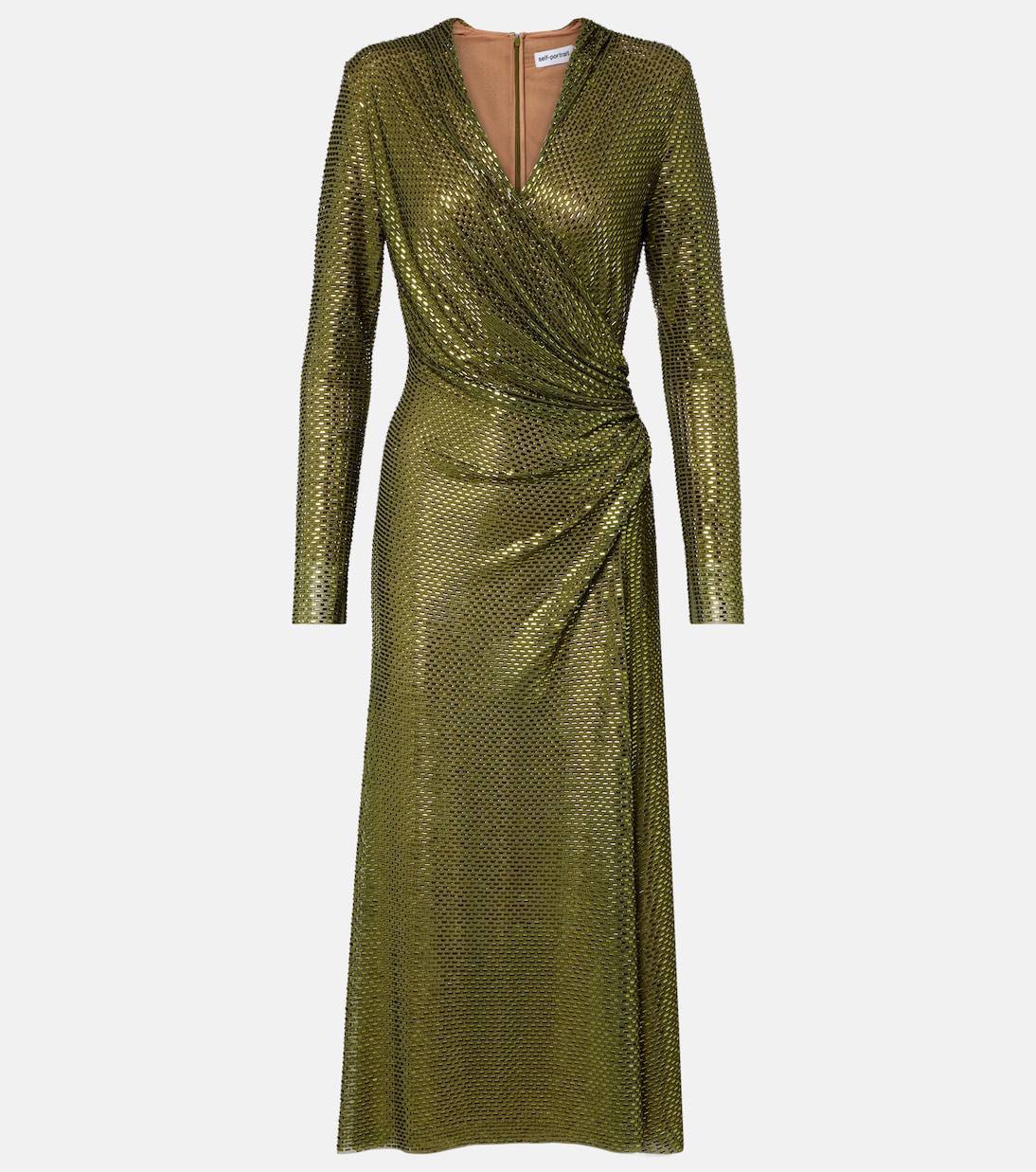 SP Olive Rhinestone Mesh Wrap Long Sleeve Midi Dress