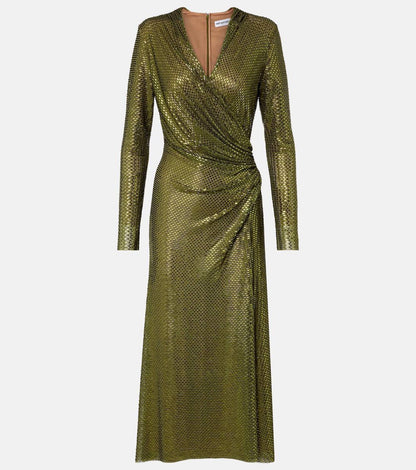 SP Olive Rhinestone Mesh Wrap Long Sleeve Midi Dress