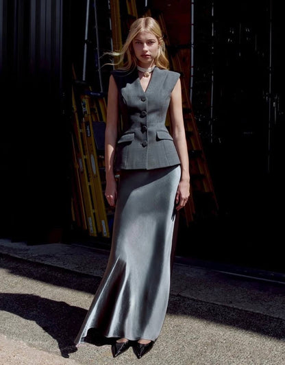 SP Tailored Peplum Maxi Dress in Satin