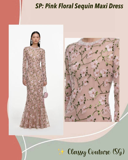 SP Pink Floral Sequin Long Sleeve Mermaid Maxi Dress