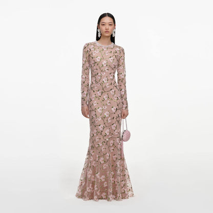 SP Pink Floral Sequin Long Sleeve Mermaid Maxi Dress