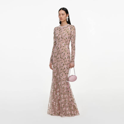 SP Pink Floral Sequin Long Sleeve Mermaid Maxi Dress