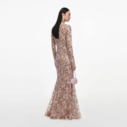 SP Pink Floral Sequin Long Sleeve Mermaid Maxi Dress