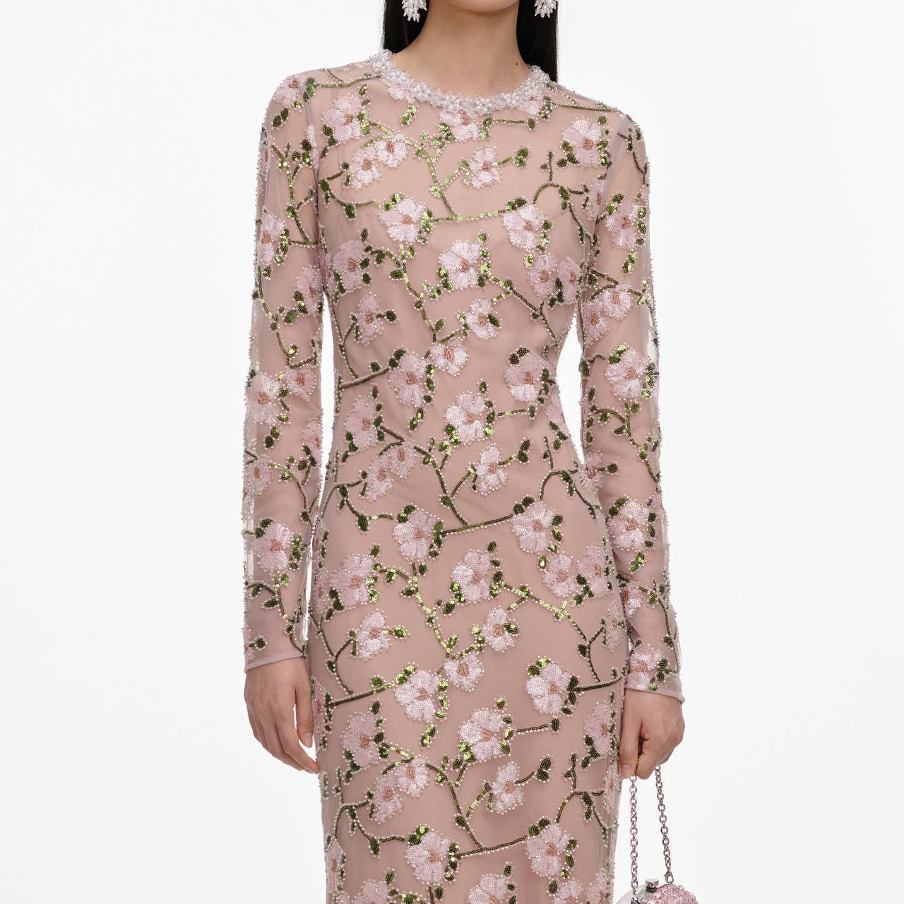 SP Pink Floral Sequin Long Sleeve Mermaid Maxi Dress