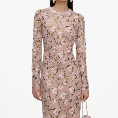 SP Pink Floral Sequin Long Sleeve Mermaid Maxi Dress