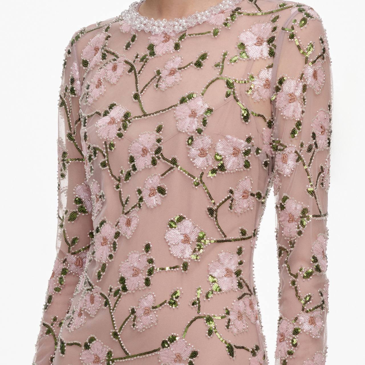 SP Pink Floral Sequin Long Sleeve Mermaid Maxi Dress