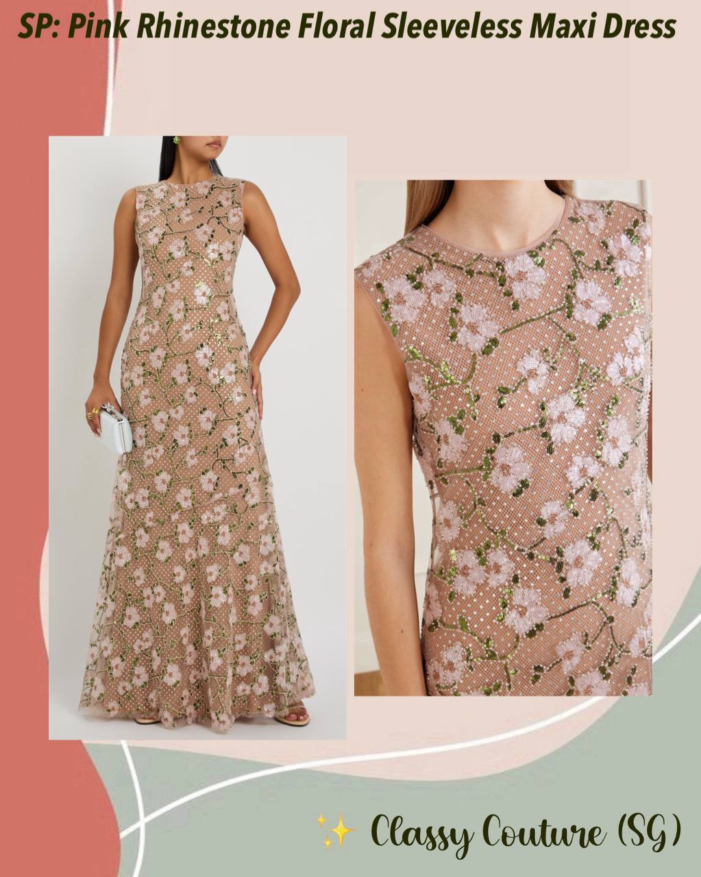 SP Pink Rhinestone Floral Sleeveless Maxi Dress