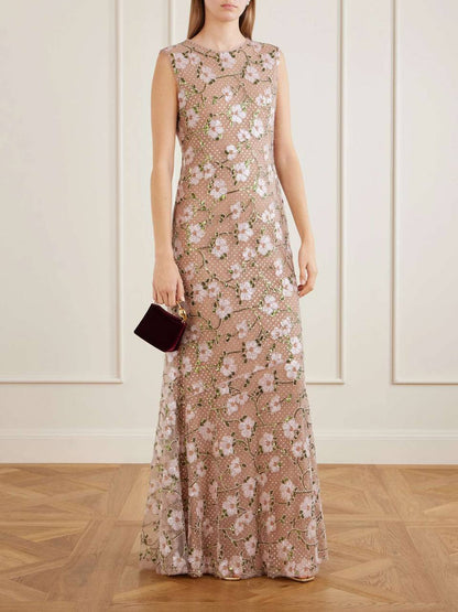 SP Pink Rhinestone Floral Sleeveless Maxi Dress