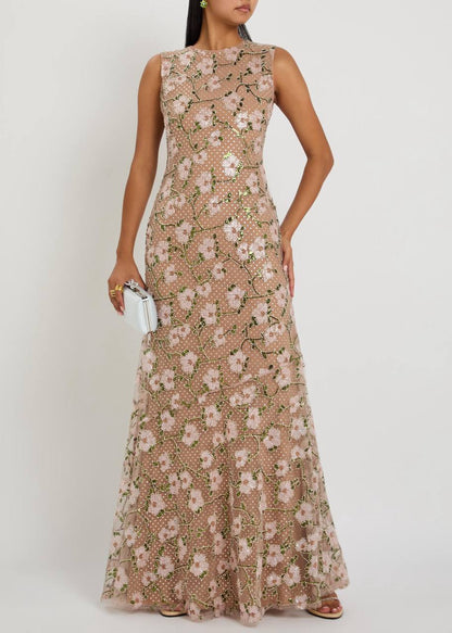 SP Pink Rhinestone Floral Sleeveless Maxi Dress