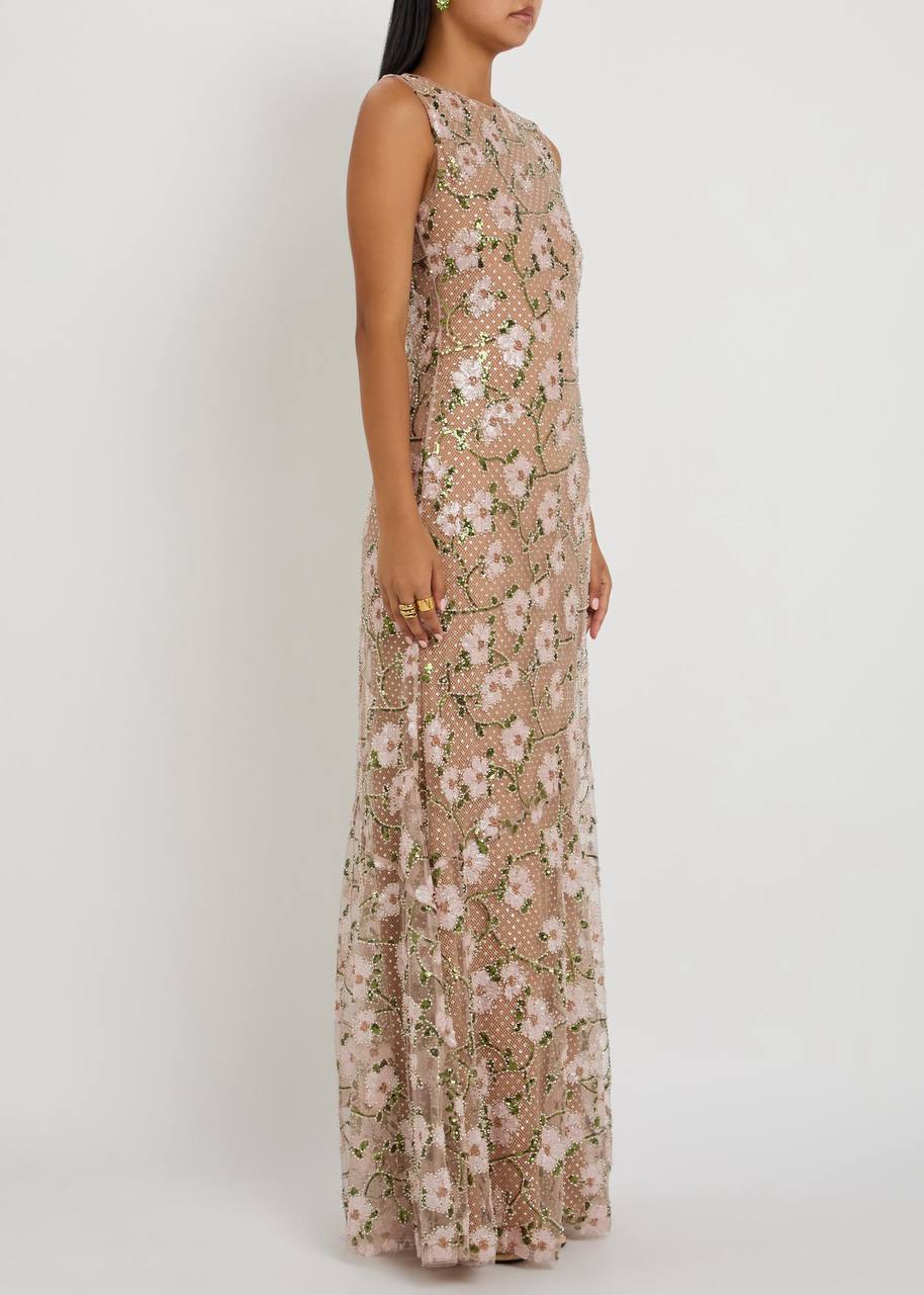 SP Pink Rhinestone Floral Sleeveless Maxi Dress