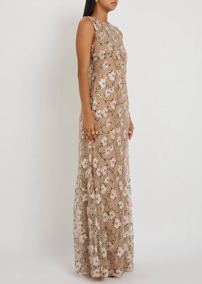SP Pink Rhinestone Floral Sleeveless Maxi Dress