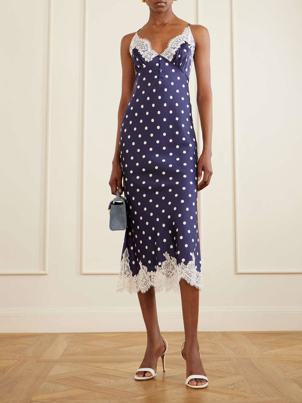 Navy Polka Dot Satin Dress