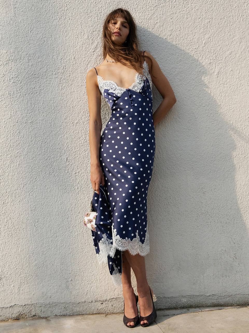 Navy Polka Dot Satin Dress