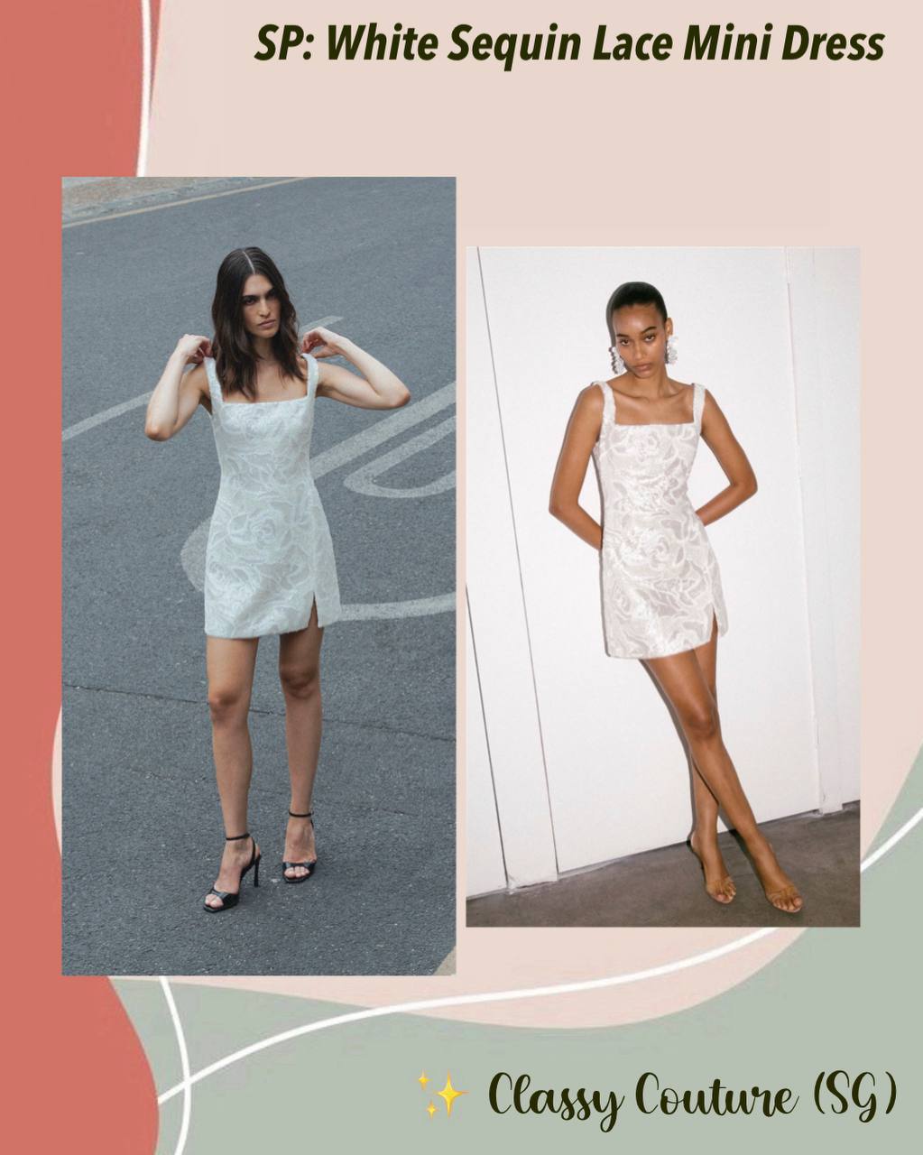 SP White Sequin Lace Square Neck Mini Dress