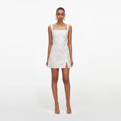 SP White Sequin Lace Square Neck Mini Dress