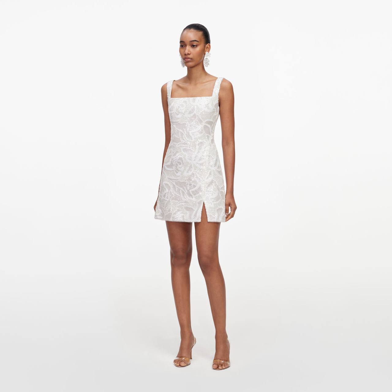 SP White Sequin Lace Square Neck Mini Dress
