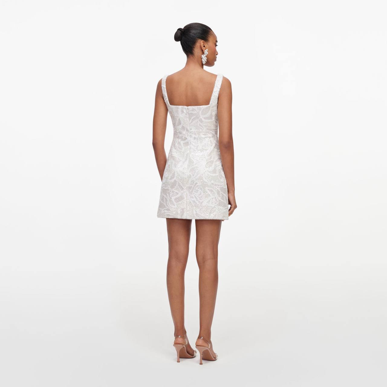 SP White Sequin Lace Square Neck Mini Dress