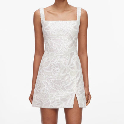 SP White Sequin Lace Square Neck Mini Dress