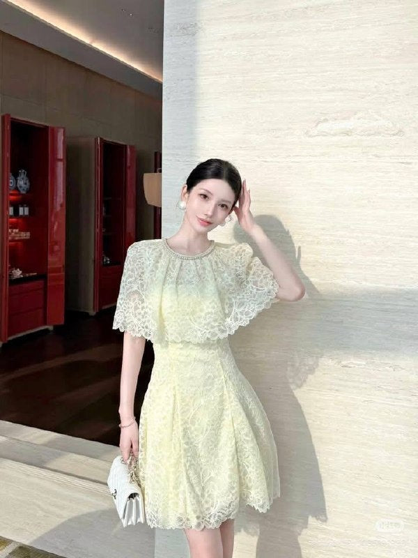 SP White | Yellow Lace Cape Mini Dress